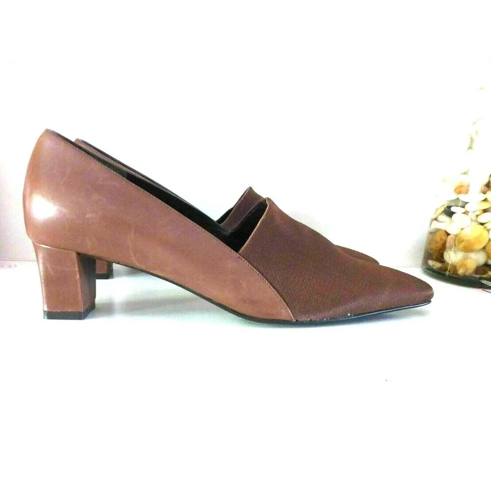 Naturalizer Women Brown Leather Fabric Heels Shoes Sz 7.5M Square Toe New